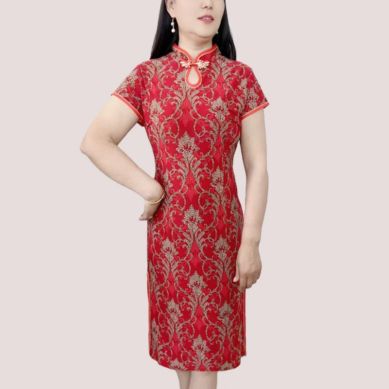 中国风旗袍裙子大码气质中老年时尚夏季复古遮肚显瘦过膝连衣裙