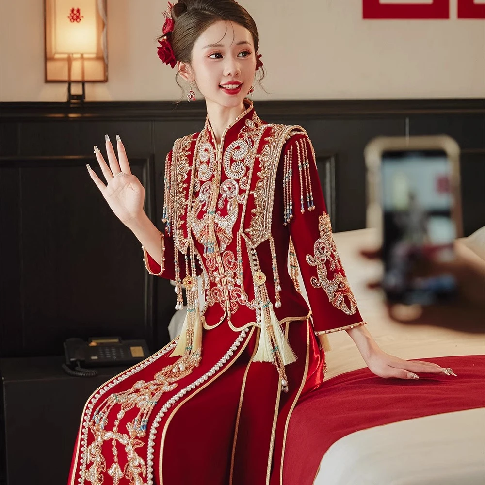 新娘结婚中式秀禾服重工高级出阁服大码胖mm遮肚新娘修身嫁衣孕妇