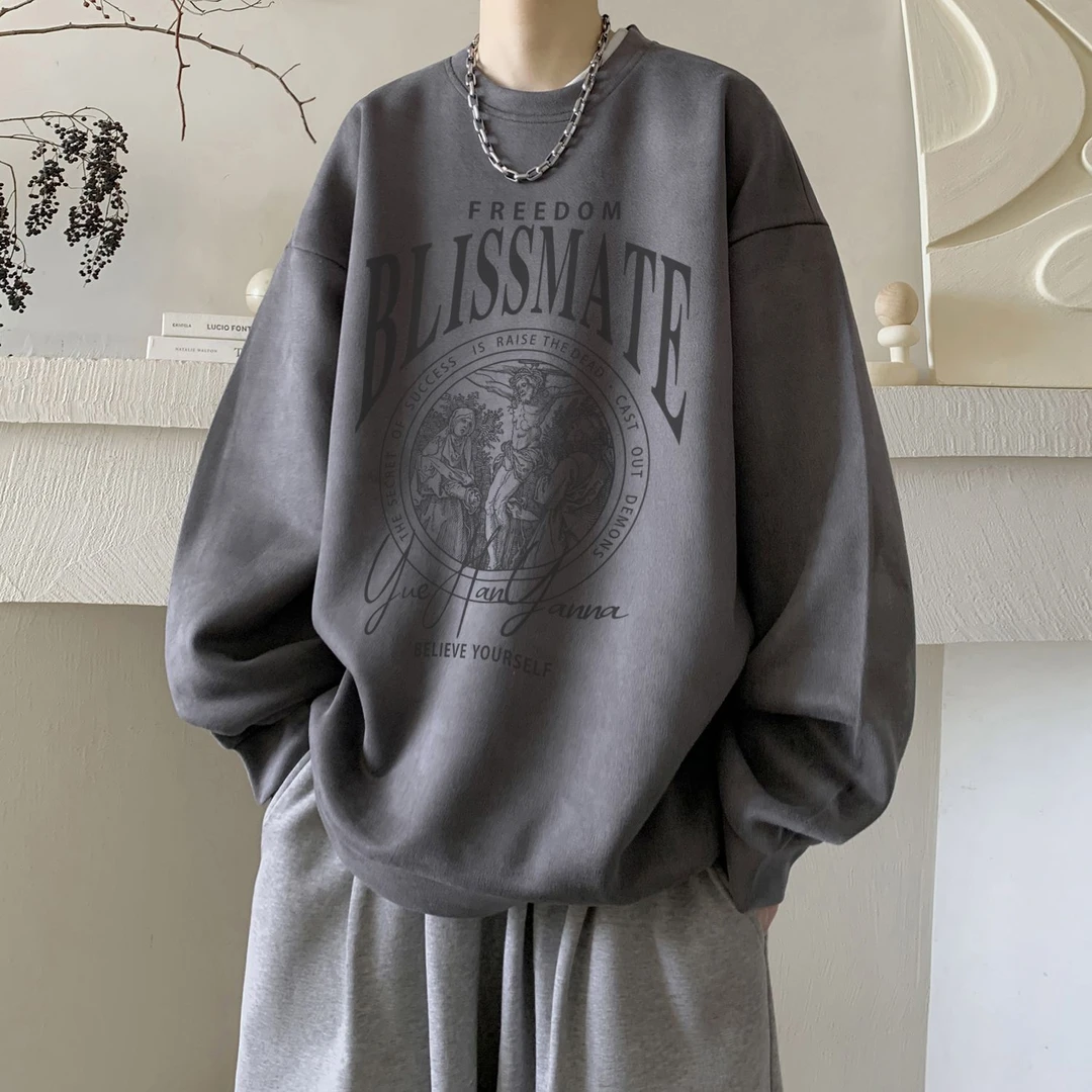 秋冬重磅印花圆领卫衣高街情侣百搭oversize宽松休闲上衣潮流男生