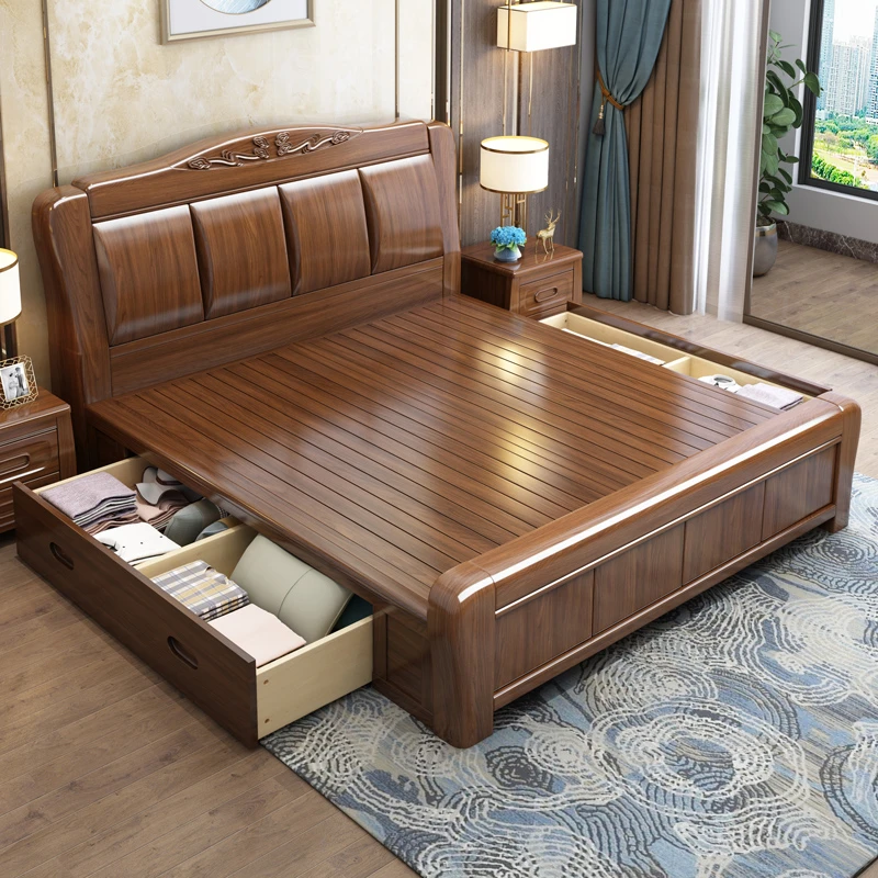 【高箱结构】金丝胡桃木全实木床1.8米双人床中式储物主卧大床