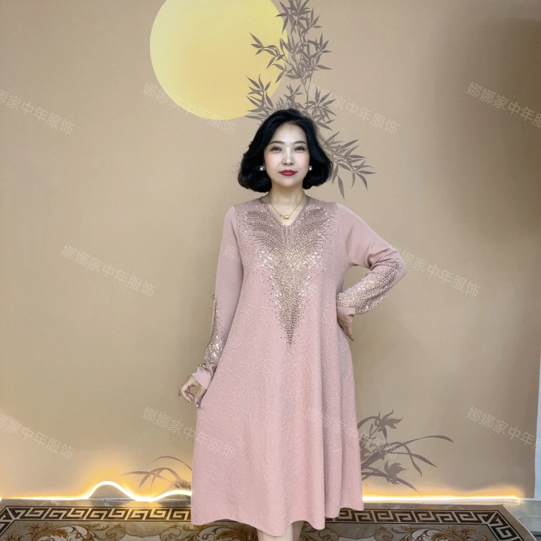 1226长袖洋气时尚气质中长款显瘦婚宴妈妈装连衣裙女装高贵连衣裙