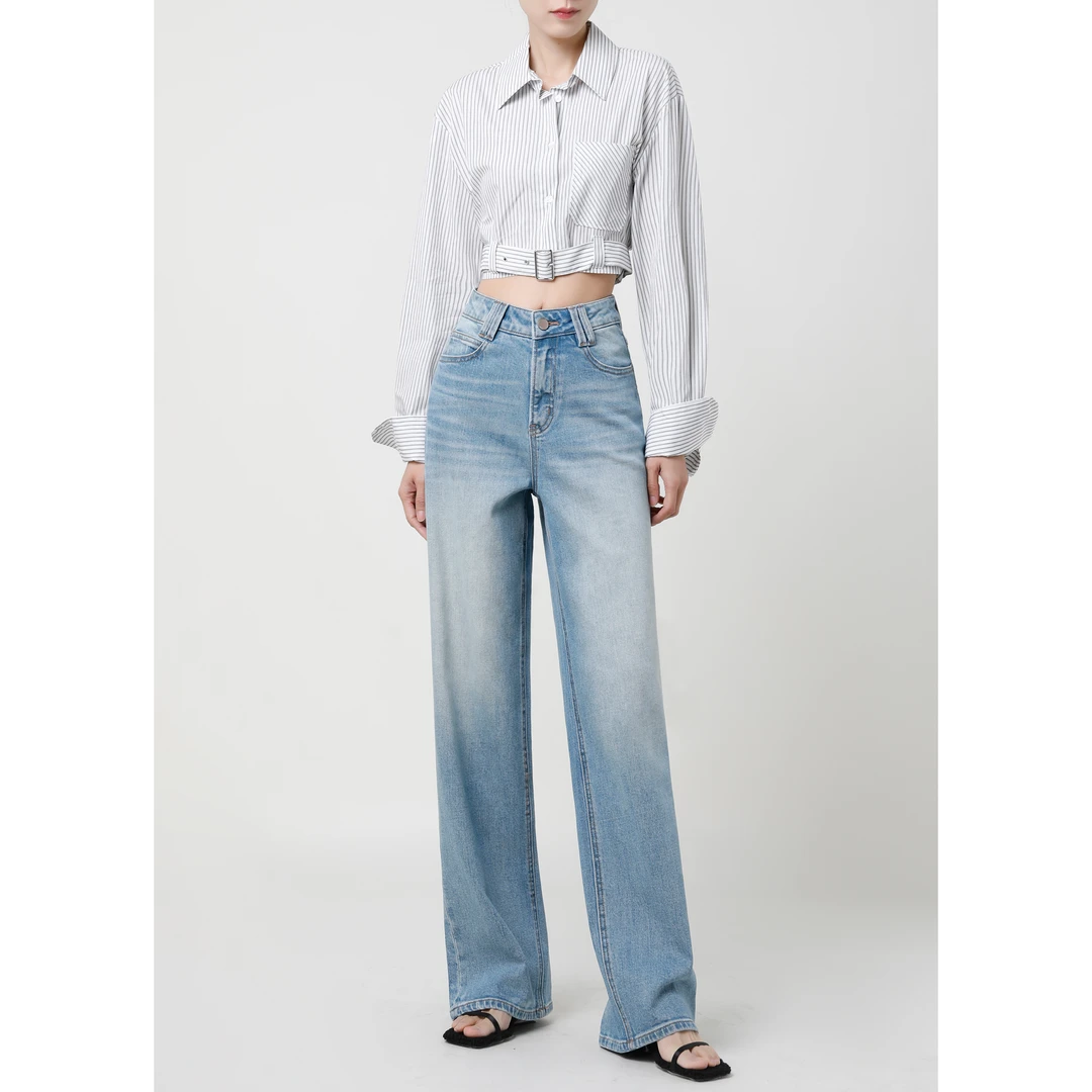 U&M｜柔蓝｜慵懒松弛感高腰阔腿牛仔裤女垂宽松显瘦窄版拖地裤9528