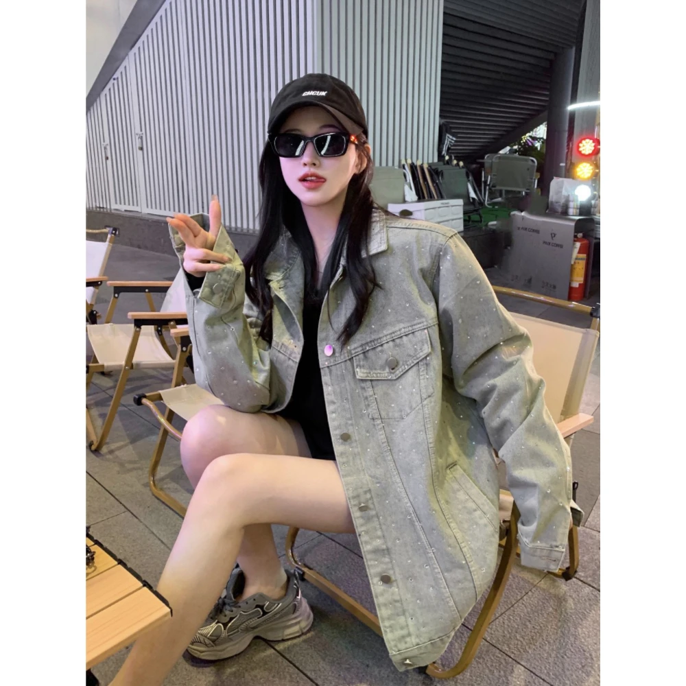 韩版宽松显瘦牛仔外套女2025春季新款设计感重工烫钻工装风夹克潮