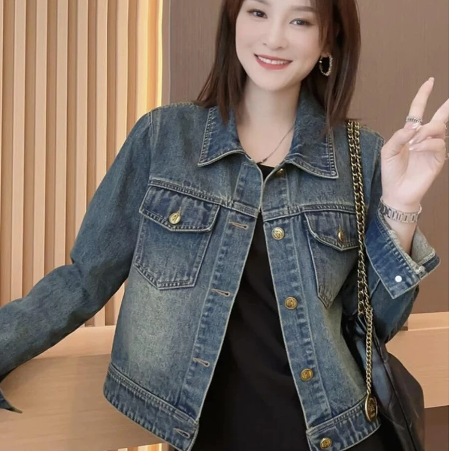 港风短款牛仔短外套女2025年秋季新款复古百搭小个子翻领夹克开衫