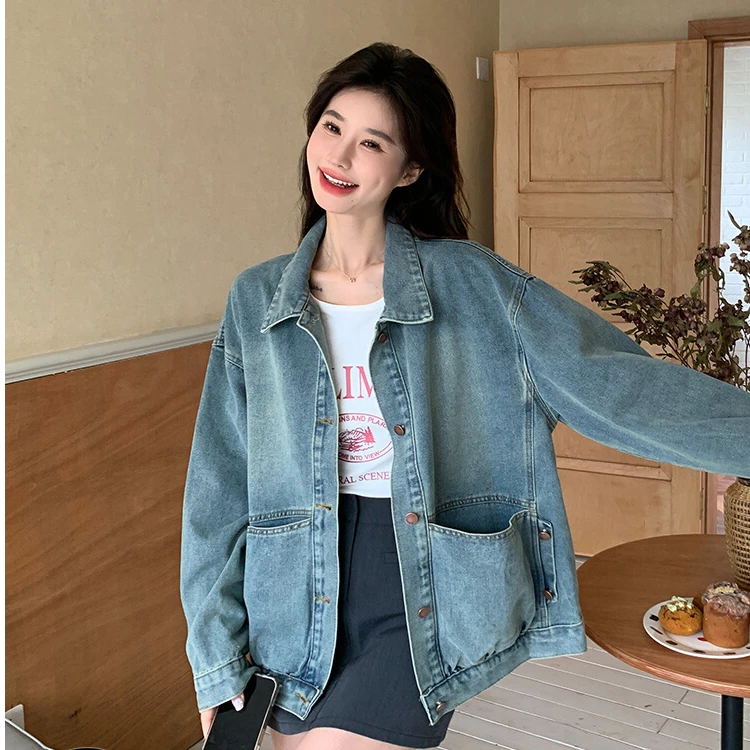 蓝色复古牛仔外套女小个子2025春装新款韩版休闲百搭bf风夹克上衣