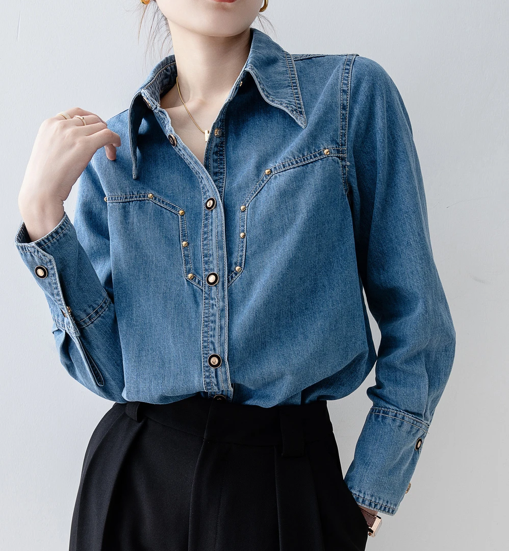 2025新款欧货复古牛仔衬衫女春秋法式宽松衬衣百搭长袖上衣女装