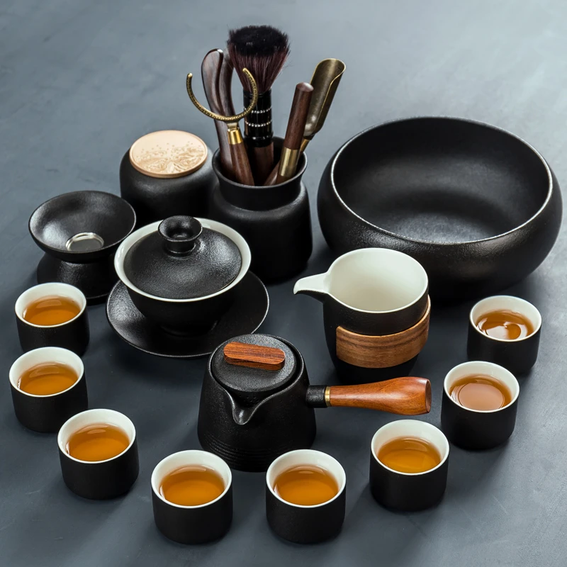 黑陶功夫茶具套装粗陶日式家用办公茶盘茶具黑禅风盖碗茶壶茶杯