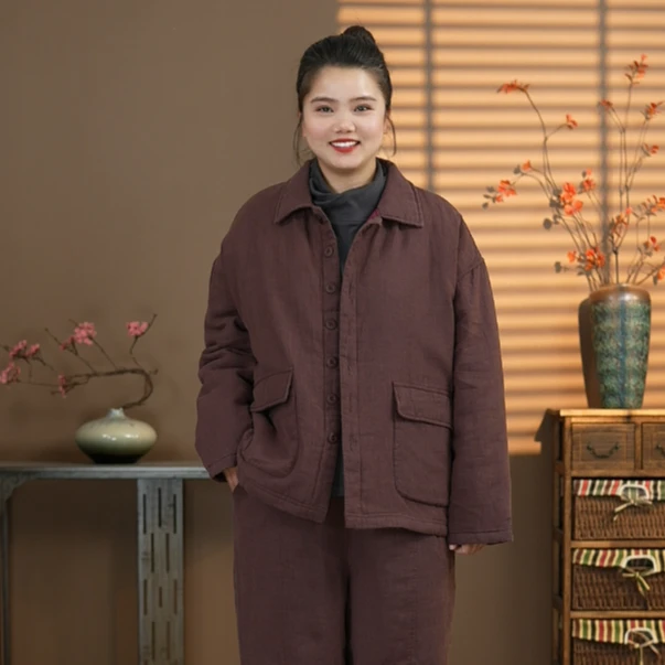 0989加厚复古纯色亚麻外套棉衣棉袄棉服翻领秋冬新款宽松休闲