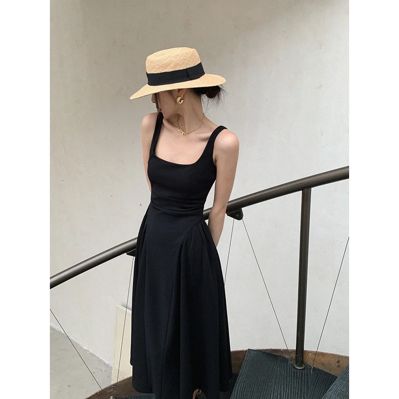 酒窝定制黑色赫本风无袖吊带连衣裙女夏季收腰显瘦气质中长款裙子