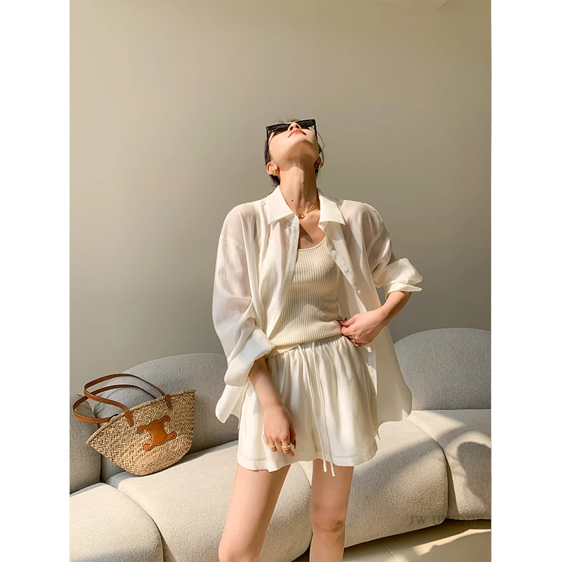 JWUNIQUE杏色时尚两件套装女夏季2024新款防晒薄款衬衫阔腿短裤子