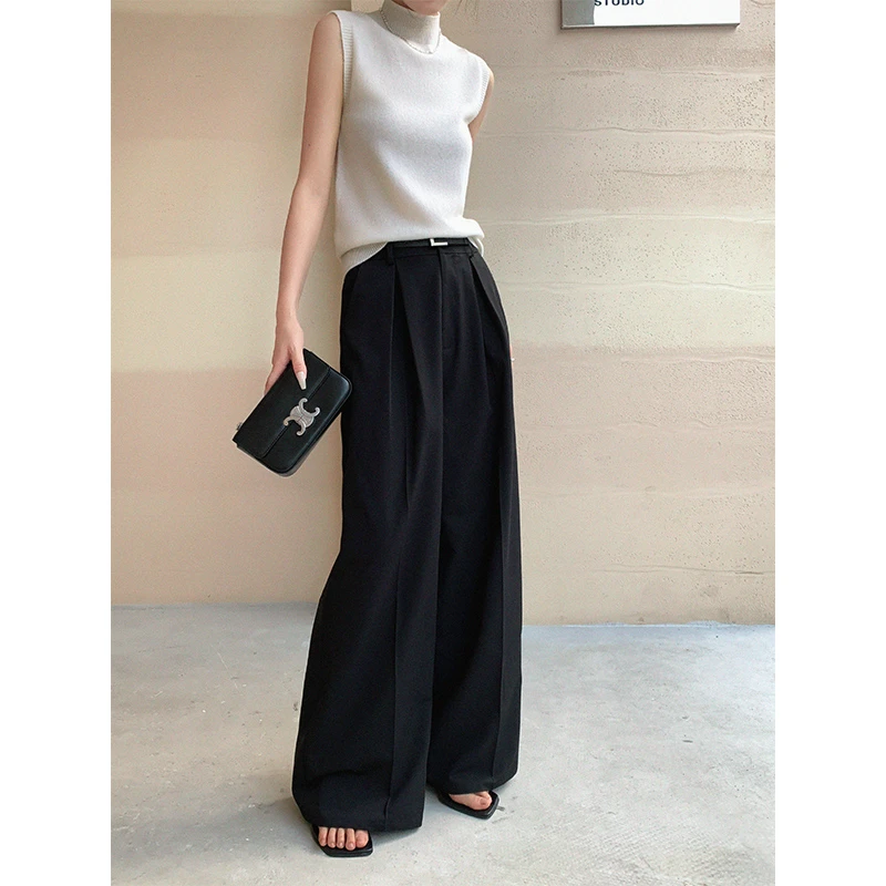 JWUNIQUE黑色休闲西装裤女春季2024新款高腰宽松显瘦阔腿拖地裤子