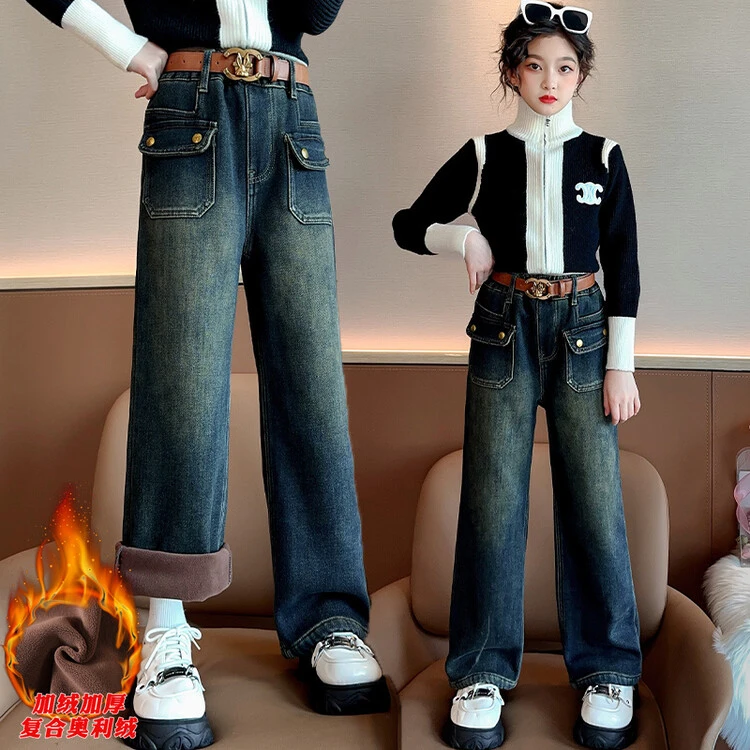 女童2023冬款韩版加绒加厚牛仔裤复合一体绒裤子女孩直筒百搭