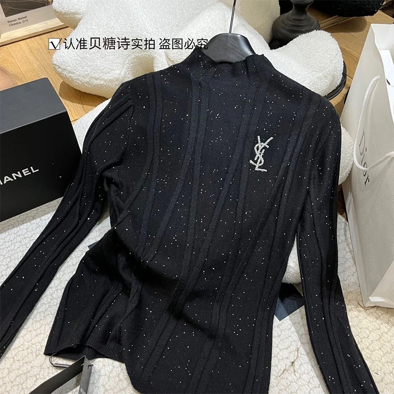 亮片半高领打底衫秋冬季高级感气质黑色显瘦亮闪闪长袖针织衫上衣