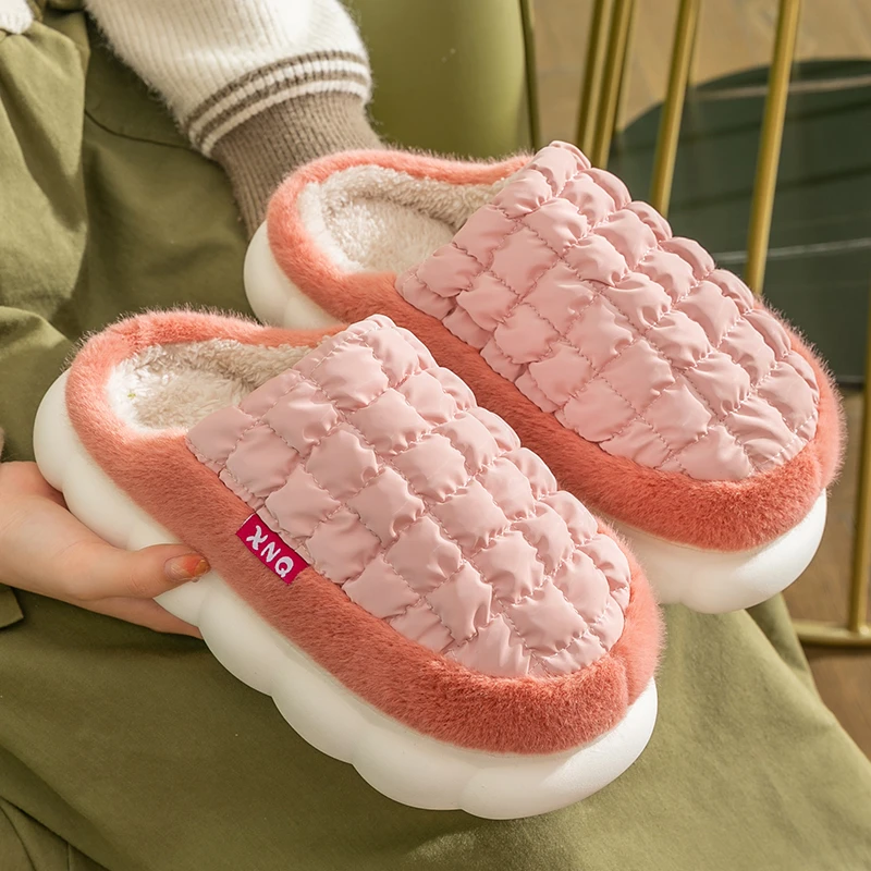 踩屎感棉拖鞋女冬季外穿包跟防水月子鞋学生宿舍充绒面包鞋男厚底