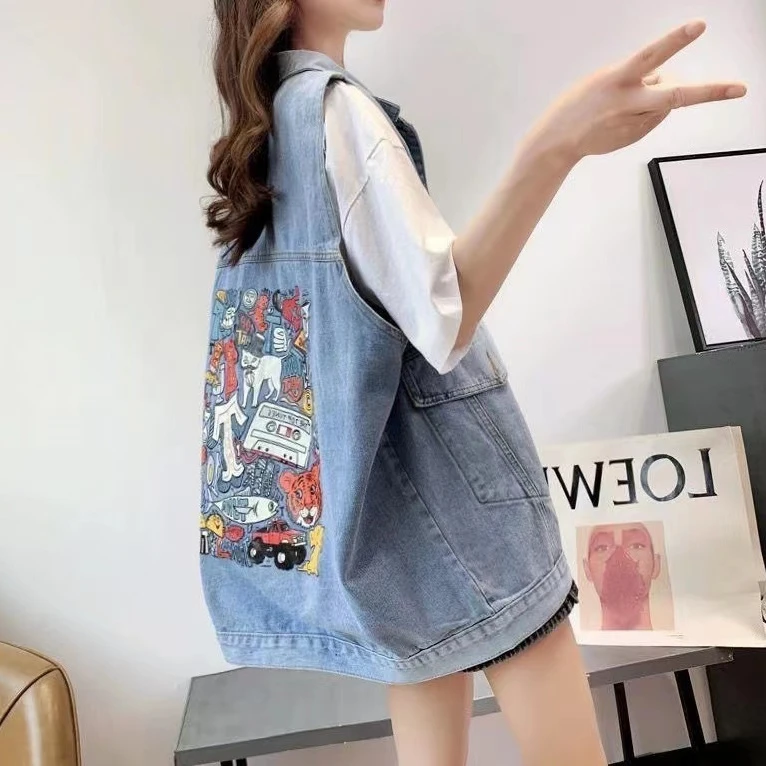 女童春秋装网红牛仔马甲儿童坎肩女中大童宽松外穿百搭马夹洋气潮