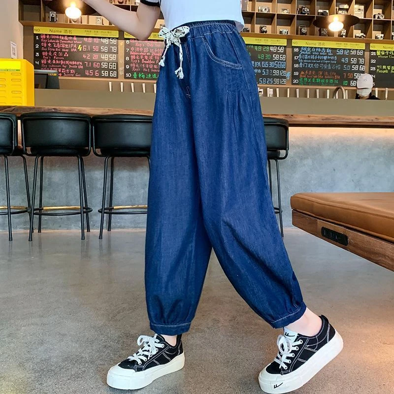 女童裤子春秋款中大童宽松老爹裤女孩洋气灯笼裤儿童牛仔裤哈伦裤