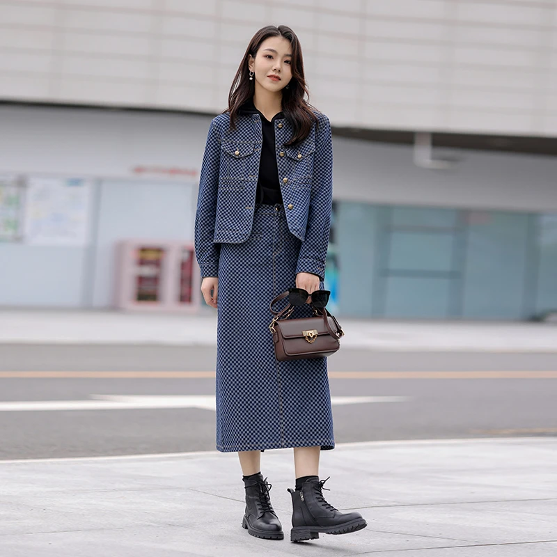 李子木春季小香风牛仔套装网格潮流格纹复古外套+裙子B7220-B7221