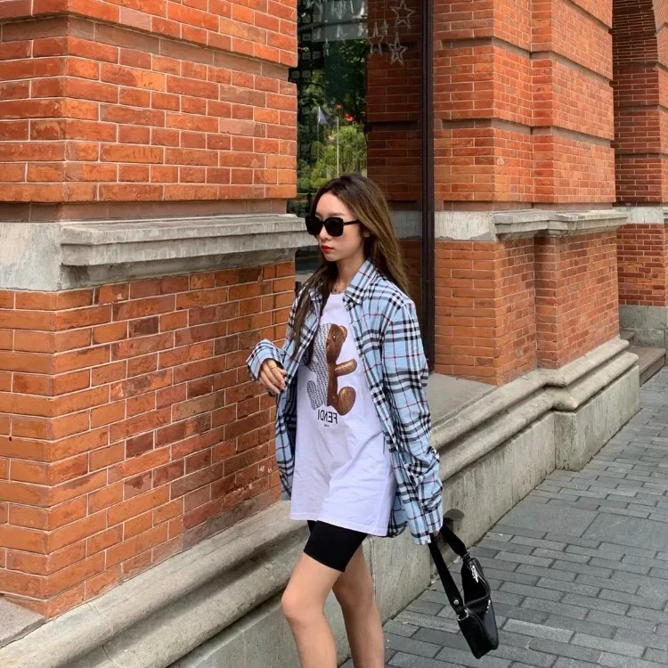 BURBERRY/博柏利 女士蓝灰色格纹棉质多扣领经典长袖衬衫80118351