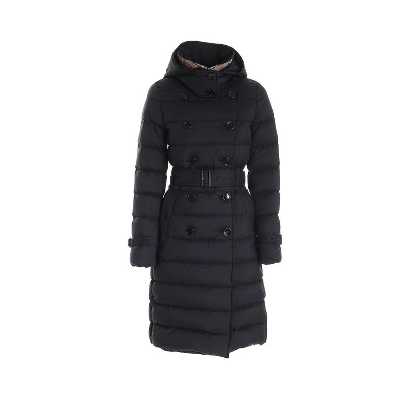 BURBERRY/博柏利 女士黑色尼龙可拆连帽腰带双排扣羽绒服80720841