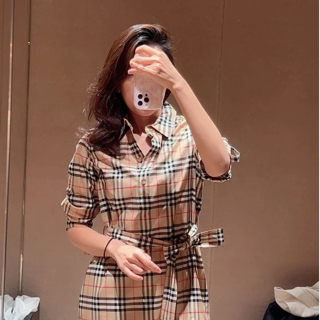 BURBERRY博柏利 女士米色棉质网格纹图案系带翻领连衣裙