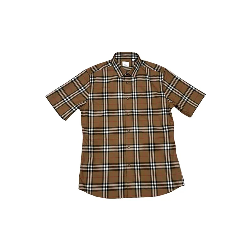 Burberry博柏利 男士卡其色棉混纺格纹印花短袖衬衫80846901