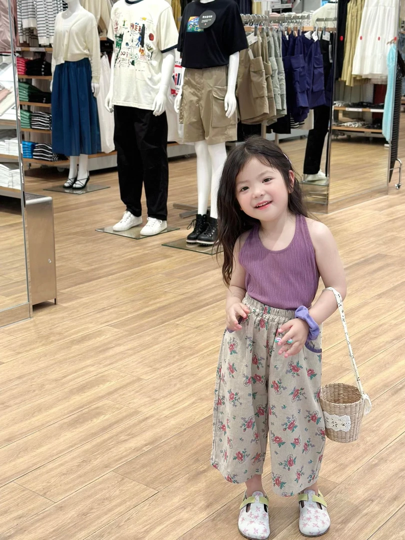 韩国童装2024夏季新款女童洋气坑条背心套装儿童碎花阔腿裤套装