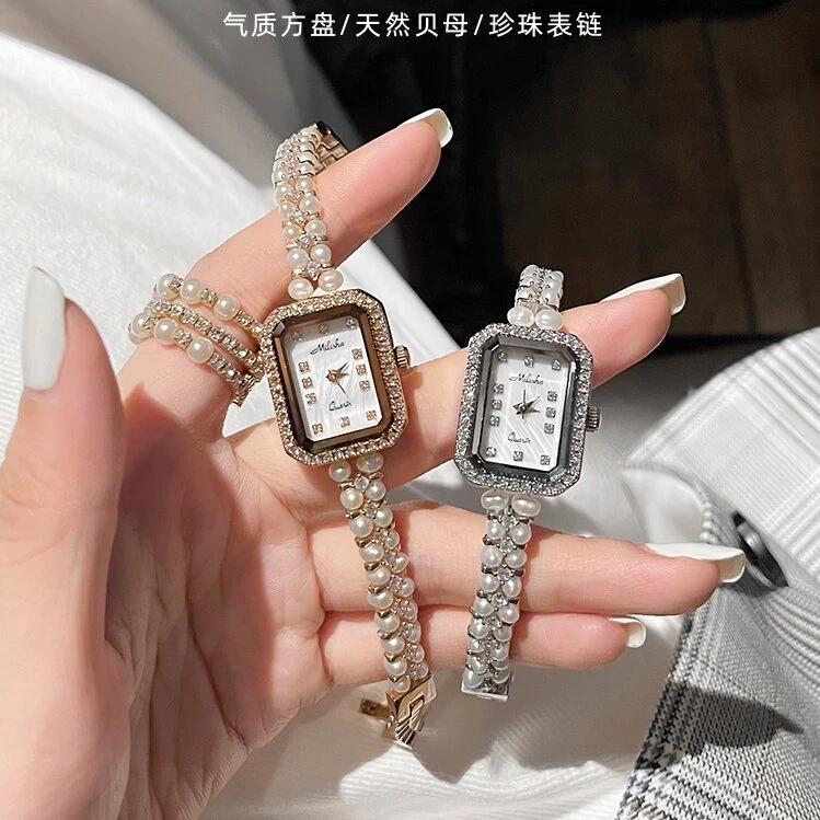 【萝伦】珍珠满钻细带方形手链手表韩版时尚气质女士表轻奢石英表
