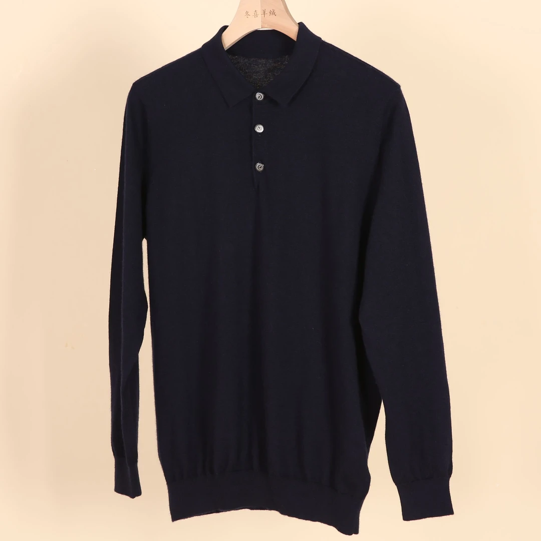 100%精纺羊绒衫男款时尚POLO领长袖百搭秋冬纯色针织