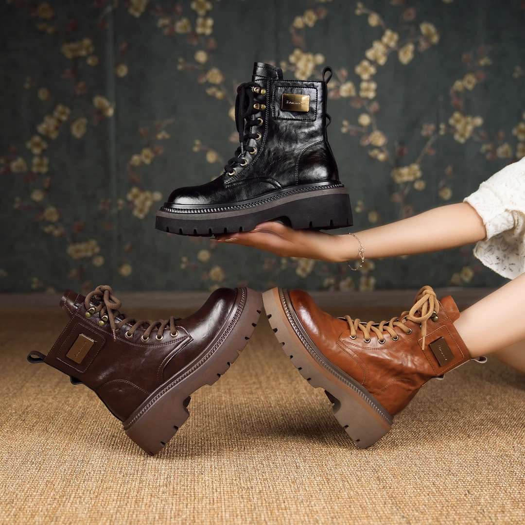 【新品】2024百搭复古圆头马丁靴秋冬新款厚底粗跟小个子短靴子9167
