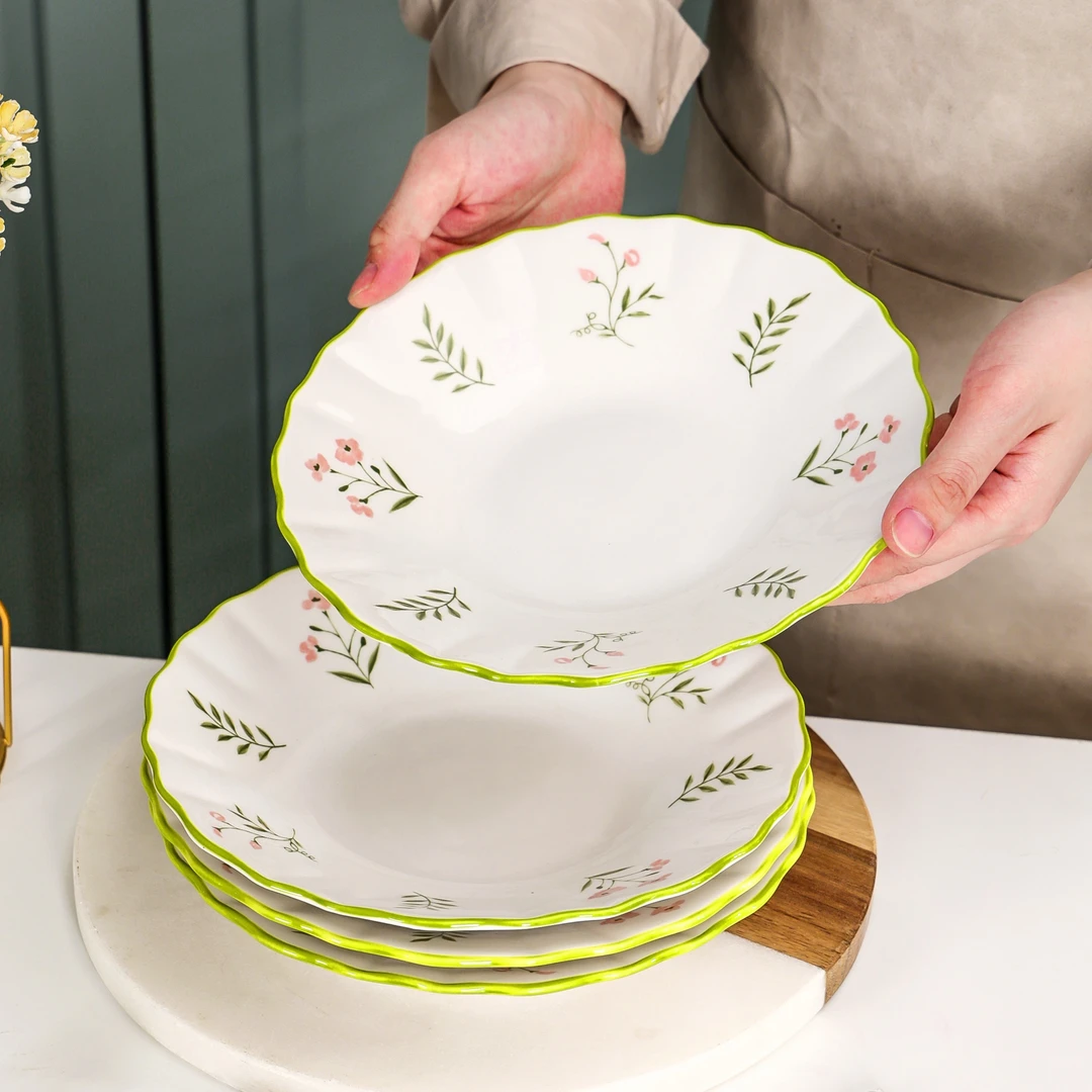 米了家用莲花盘花边盘圆盘豆荷叶盘陶瓷餐具小清新轻奢家庭釉下彩