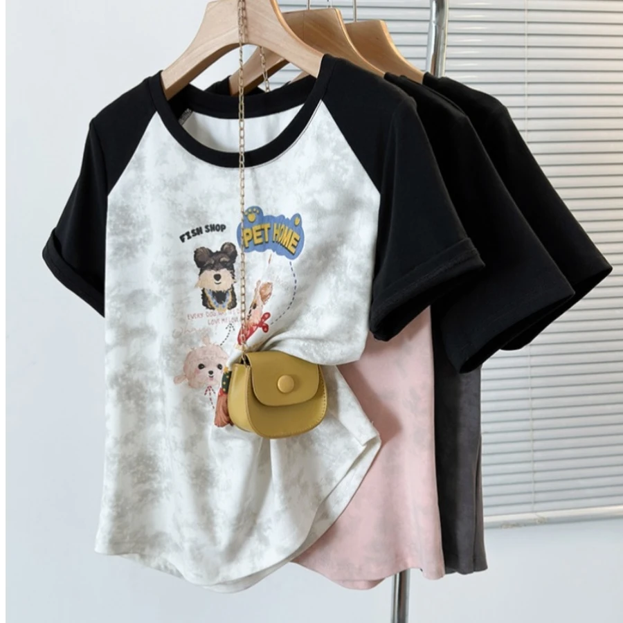 小雅大码时尚插肩短袖T恤女夏季设计感印花体恤胖MM遮肉显瘦上衣