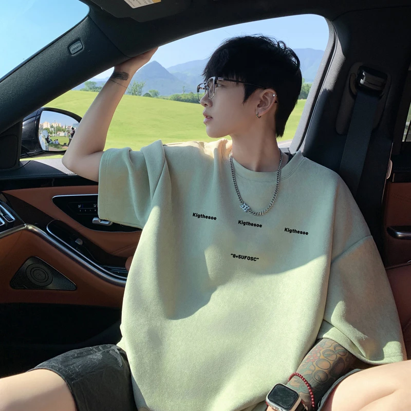 奶绿色短袖t恤男夏季美式欧美青少年痞帅半袖上衣仿麂皮重磅体恤