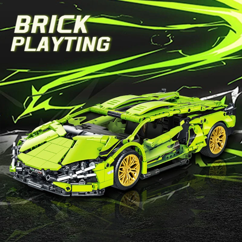 积木车兰博基尼绿牛128O+颗粒I:I4积木跑车升级高转版礼盒