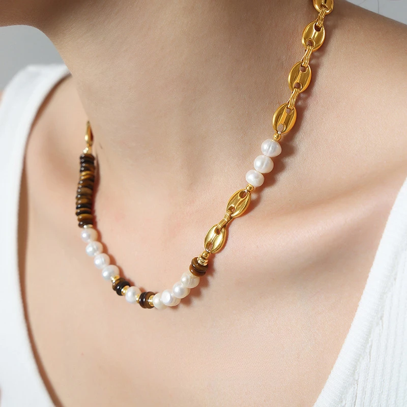 钛钢仿珍珠项链 【沐野】欧美轻奢猪鼻子项链法式珍珠串珠拼接气质