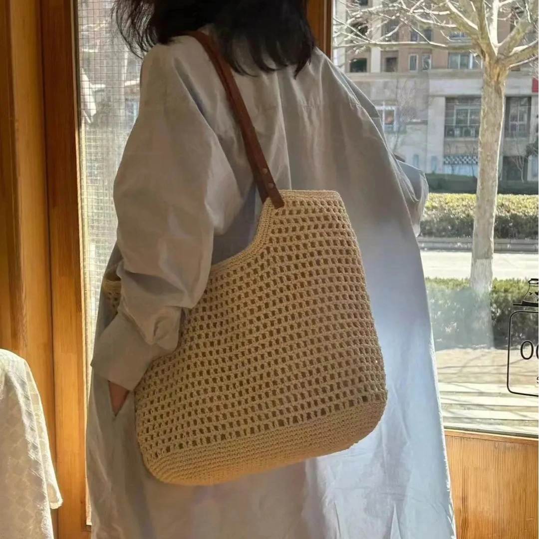 韩国小众复古休闲托特包手工编织棉线包大容量复古网格镂空单肩包