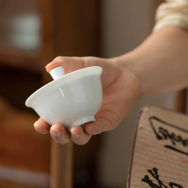 景德镇~景岚高温玉泥瓷手工白瓷小盖碗