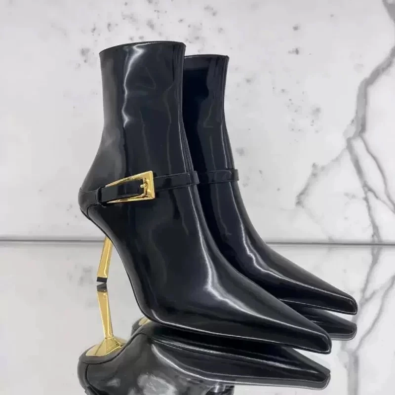 新款杨树林尖头细跟短靴金属扣小金条中筒靴侧拉链黑色性感瘦瘦靴