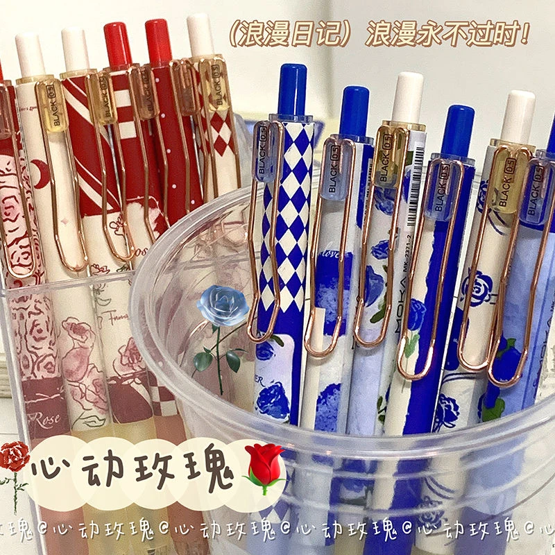 心动玫瑰按动笔ins高颜值学生考试刷题笔0.5碳素黑笔ST头顺滑好写