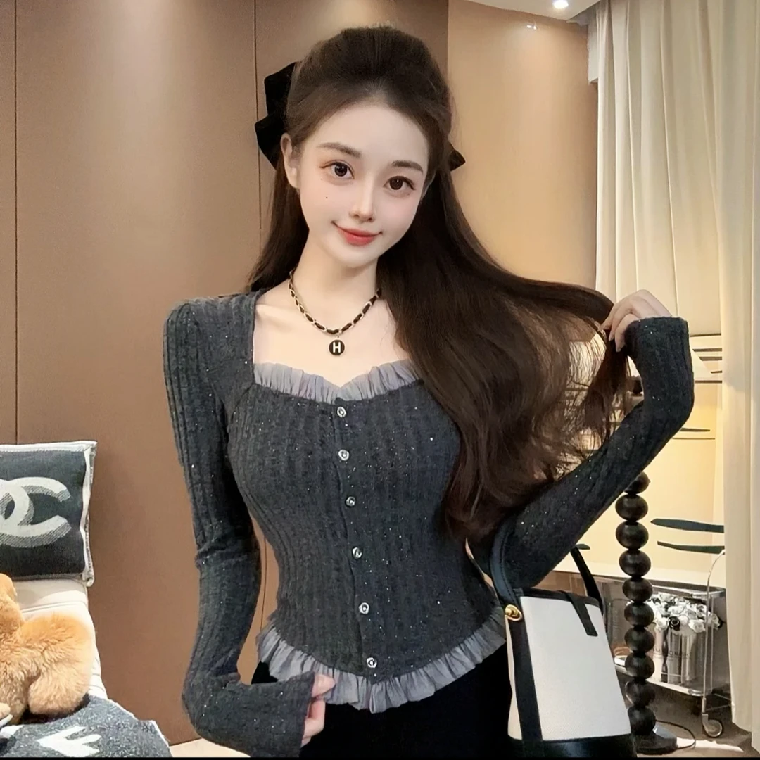 【尤猫】新款修身显瘦方领百搭长袖上衣女-Y21006