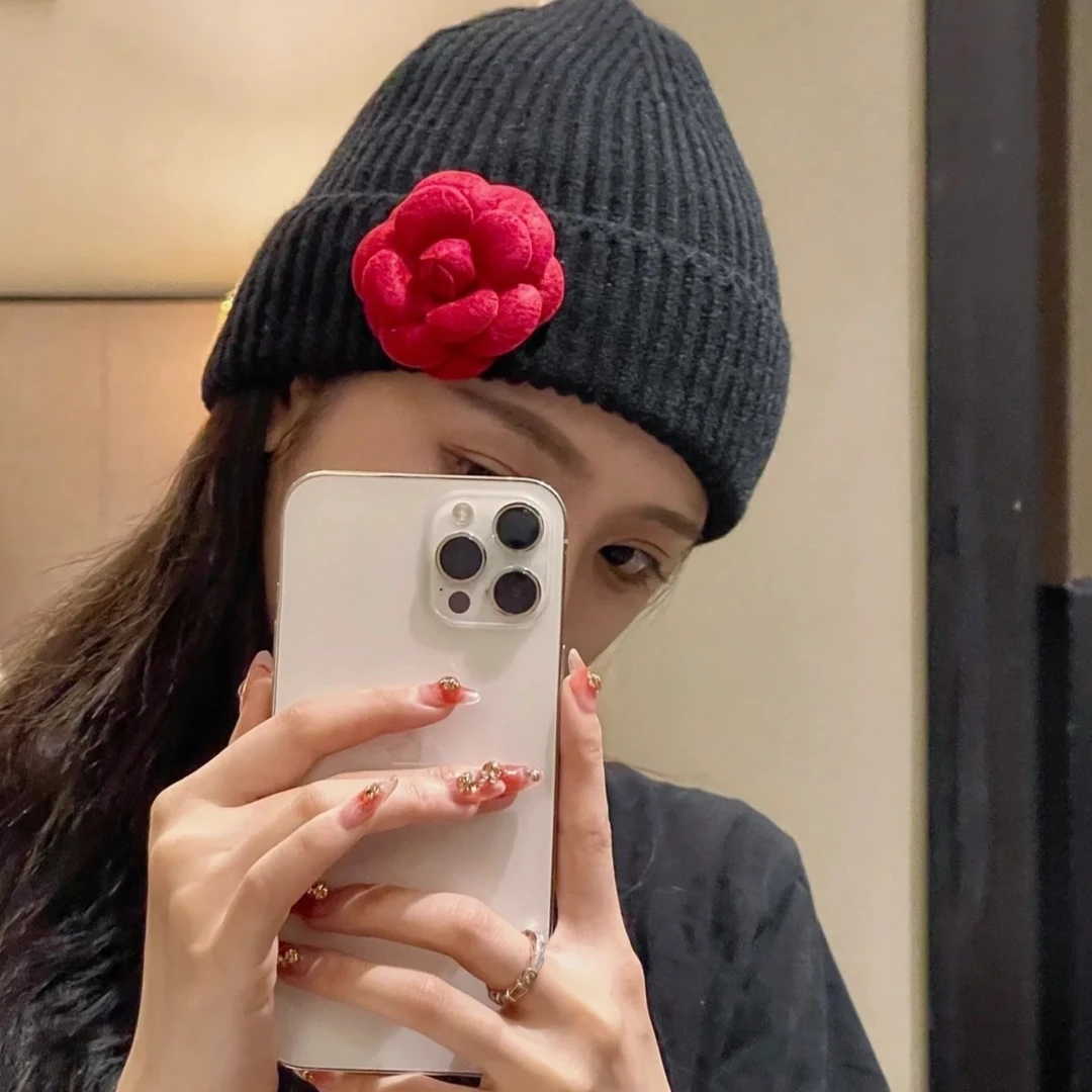 网红山茶花秋冬针织帽加厚堆堆帽时尚百搭日系休闲大头围针织帽韩