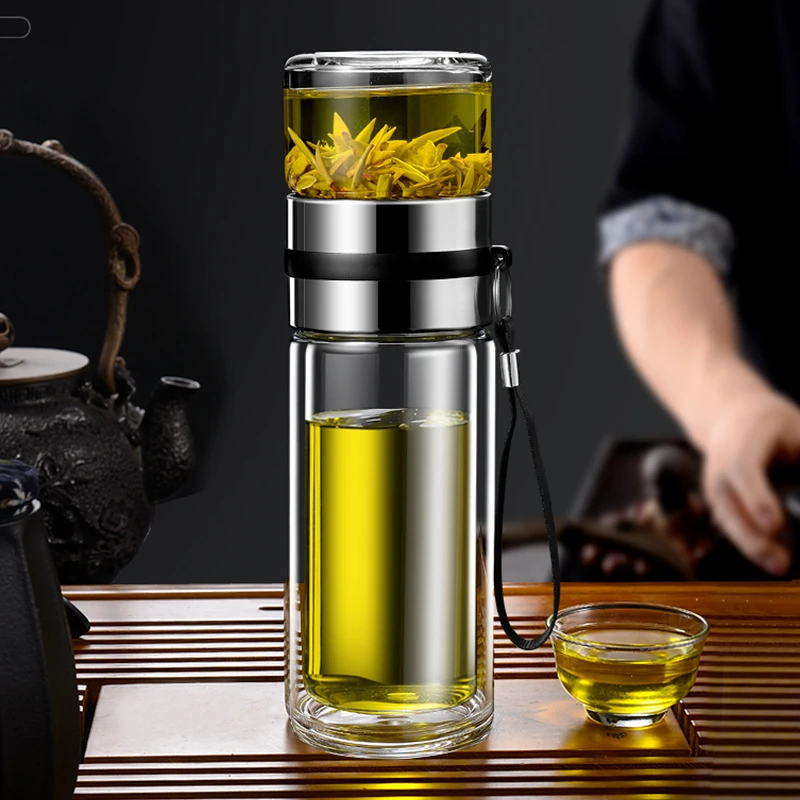 茶水分离水杯超大容量户外男士泡茶杯子耐热防爆微保温双层玻璃杯