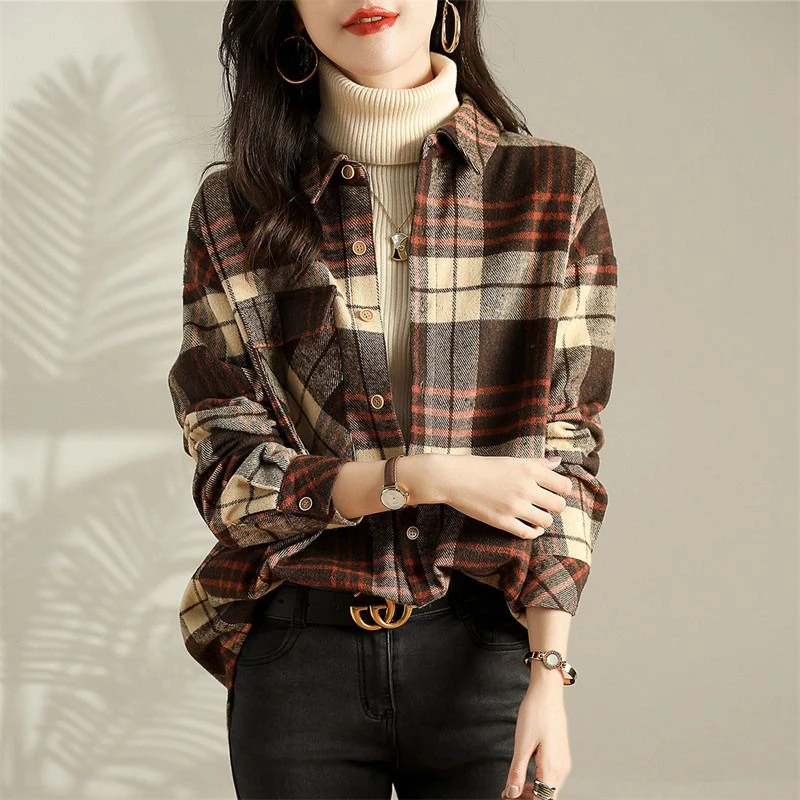 2024外套秋冬新款长袖磨毛加厚宽松显瘦复古格子衬衫衬衣上衣
