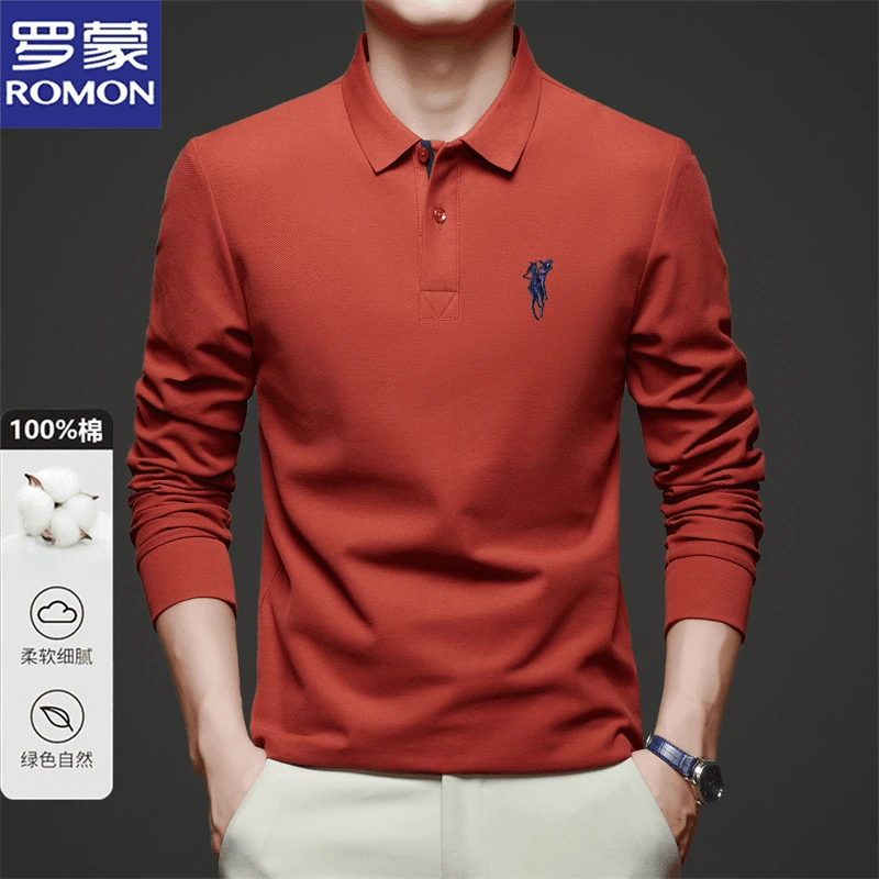 罗蒙刺绣POLO衫男士长袖T恤秋季新款商务休闲翻领半袖纯色上衣