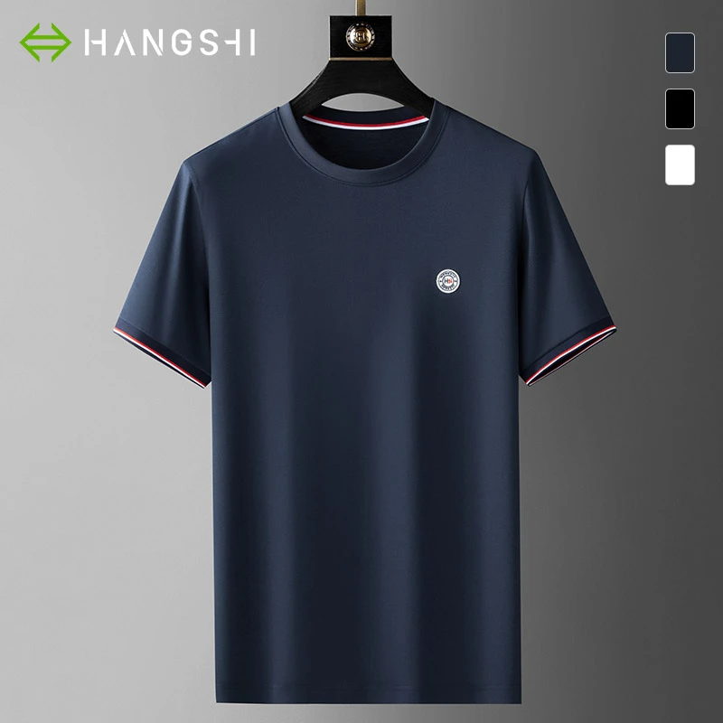 HARSIINCN/杭仕轻奢高端藏青色纯棉短袖t恤薄款徽章男士休闲上衣