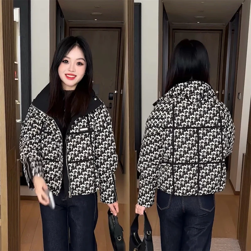 时尚休闲棉衣百搭加厚韩版千鸟格冬季印花保暖立领