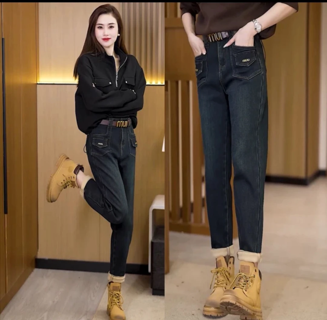 高腰加绒萝卜裤牛仔裤女2023年秋冬新款设计感百搭减龄显瘦裤子