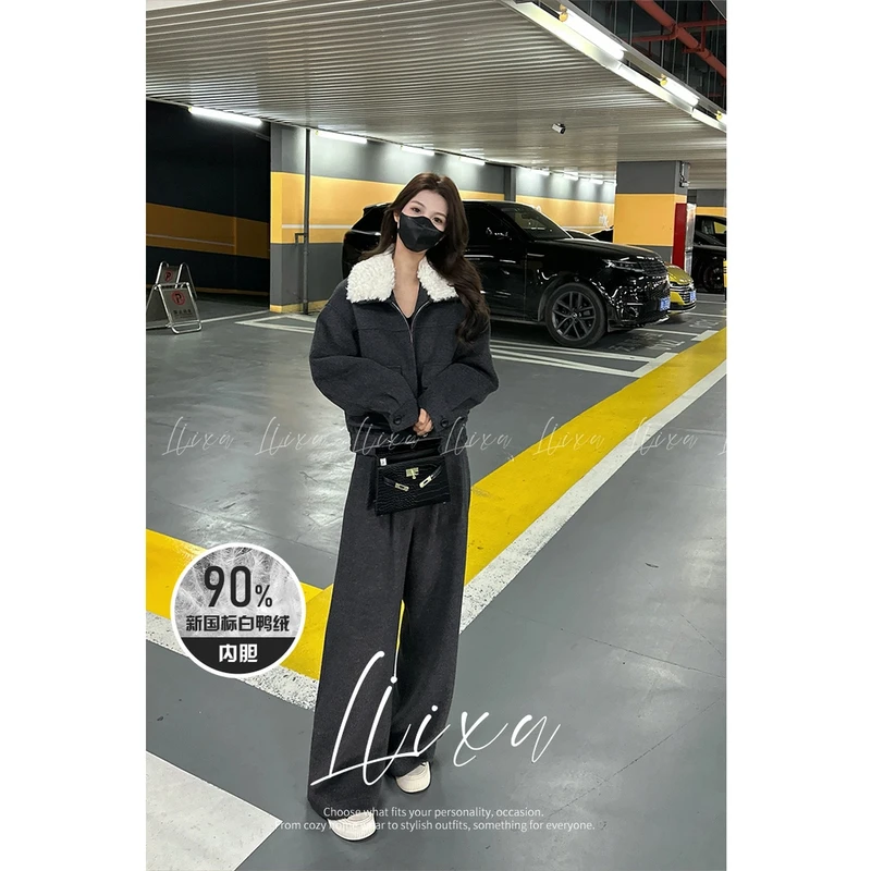 加厚保暖时尚毛呢套装女士洋气穿搭一整套冬装新款棉衣休闲两件套