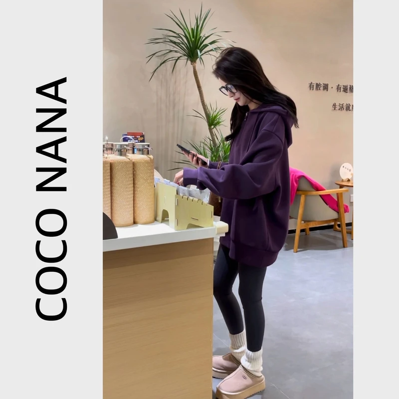 新款秋冬百搭时尚慵懒感连帽半拉链加绒卫衣