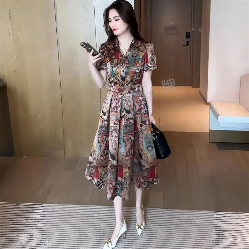 高级感缎面印花短袖连衣裙女夏季新款气质中年妈妈装系带中长裙子