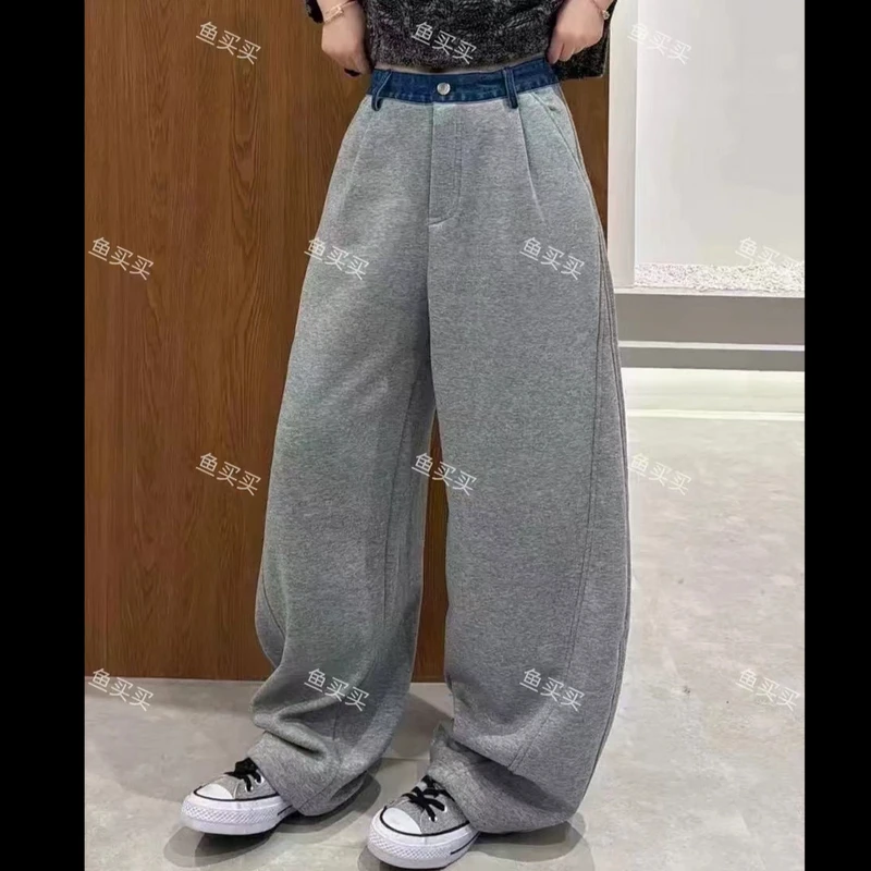 时尚牛仔拼接加绒加厚弯刀裤女 2024冬季时尚休闲裤